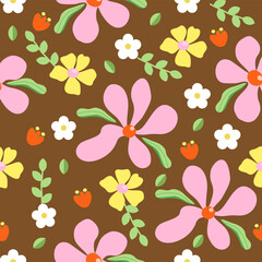 Cute floral pattern flowers. Seamless vector texture. Elegant template for fashion prints. Printing with pink and yellow flowers. brown background.