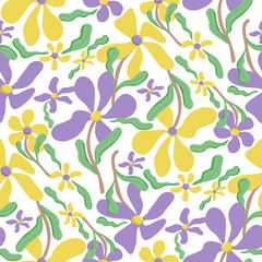 seamless pattern with yellow purple flowers on white background
