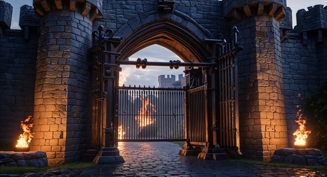 Stone castle gate with iron portcullis under flickering torch flames