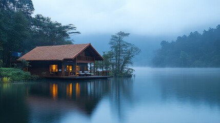 Fototapeta premium A serene lakeside view with calm waters and misty ambiance. - 