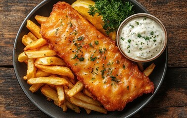 Rustic Fish and Chips on Wooden Table with Natural Lighting and Vibrant Colors