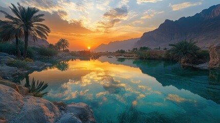 A serene sunrise over a peaceful oasis paints a stunning scene. 