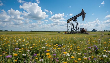 Oil Well in Flower Field Under Blue Sky with White Clouds