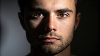 Mental Health Stigma Awareness. Intense close-up portrait of a man with striking facial features and dramatic lighting.