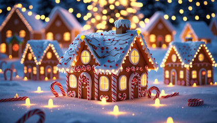 Fototapeta premium 3D Render of a Gingerbread House in a Festive Holiday Village