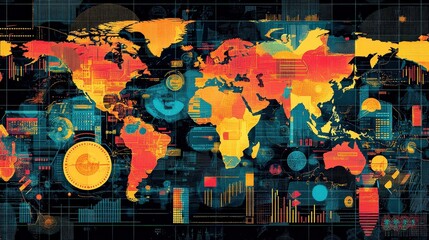 A vibrant, abstract world map design with colorful data visualizations, representing global connections and information flow.