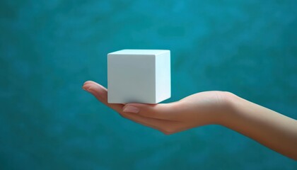 Minimalist Photograph of Hand Holding White Cube on Blue Background