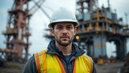 Fototapeta premium Construction Worker Standing Confidently Near Industrial Structures and Equipment