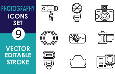 A set of 9 black photography icons with editable stroke, including cameras, lenses, flashes, film rolls, and accessories, displayed on a white background