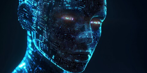 A futuristic portrait of a humanoid AI robot with glowing cybernetic patterns on its face