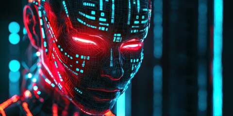 A futuristic portrait of a humanoid AI robot with glowing cybernetic patterns on its face