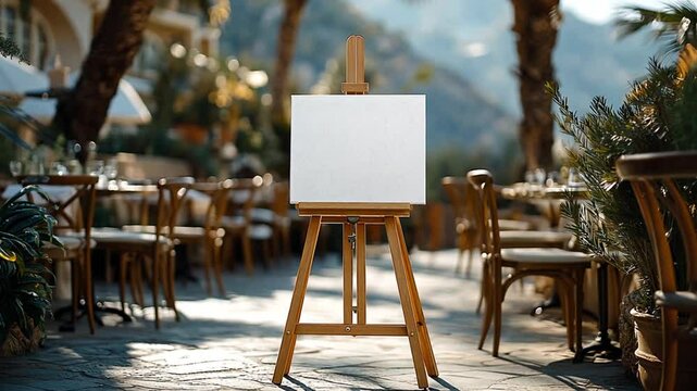 Blank easel sign, outdoor patio dining area, sunny day