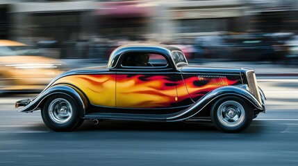 A hot rod car with bold flames painted on the side, cruising through a city street
