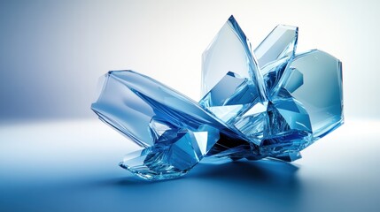 Floating translucent shapes with blue light dispersion, creating a futuristic abstract 3D glass aesthetic on a soft gradient background.