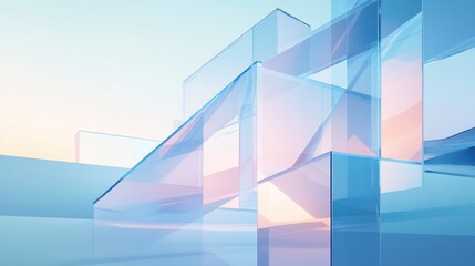 Floating translucent shapes with blue light dispersion, creating a futuristic abstract 3D glass aesthetic on a soft gradient background.