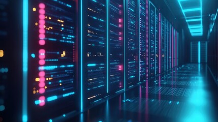 Futuristic AI-driven big data storage grid, glowing neon blue lines, and deep space digital background.