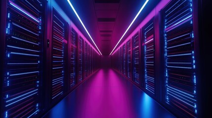 Futuristic AI-driven big data storage grid, glowing neon blue lines, and deep space digital background.