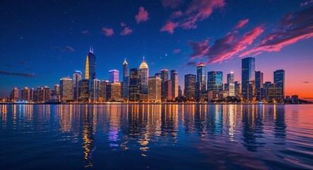 Fototapeta premium Vibrant city skyline reflecting on water during summer night cruise