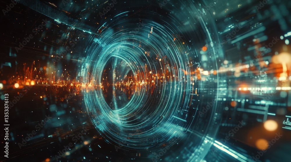Fototapete futuristic infographic with intertwining musical sound streams, dots and particles forming a tech-in