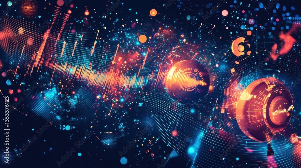 Fototapete futuristic infographic with intertwining musical sound streams, dots and particles forming a tech-in