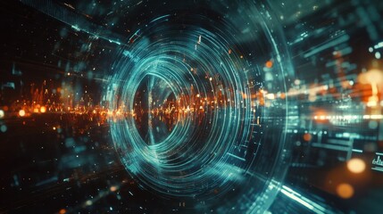 Obraz premium Futuristic infographic with intertwining musical sound streams, dots and particles forming a tech-inspired rhythm