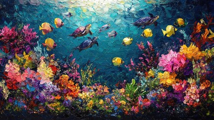 Colorful textured oil painting depicting marine turtles and fish
