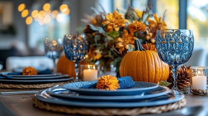 Autumnal Thanksgiving table setting with pumpkins, flowers, and blue plates.