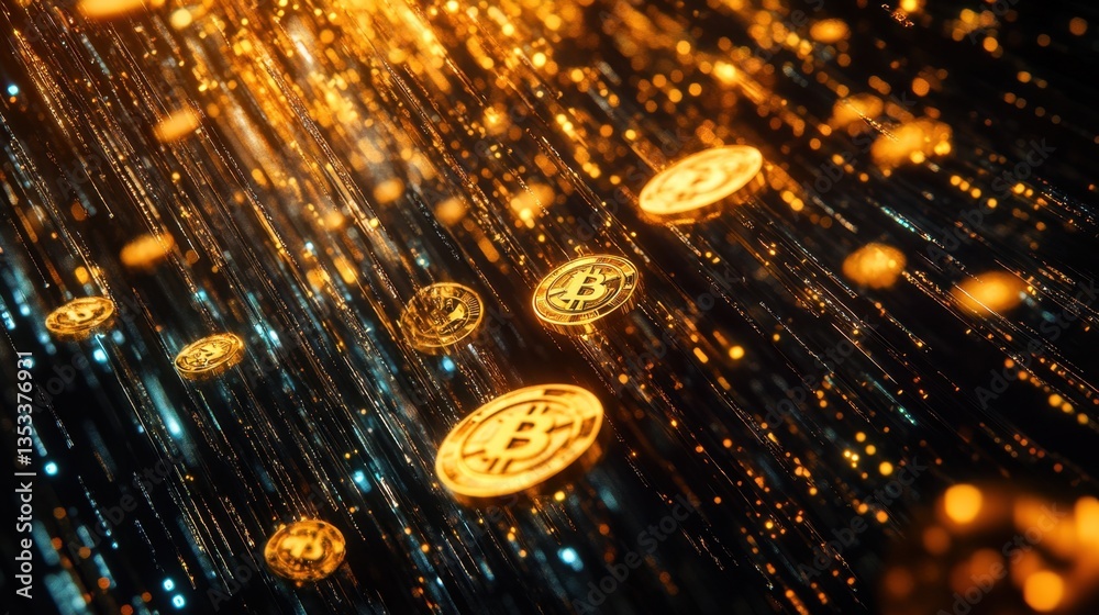 Poster glowing gold tokens emerging from a dark background filled with neon binary streams