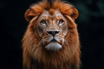 Fototapeta premium Lion’s intense gaze with a dark forest backdrop