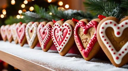 Festive heart-shaped gingerbread cookies with intricate white icing decorations on a snowy wooden surface, surrounded by evergreen branches and glowing Christmas lights in the background.

