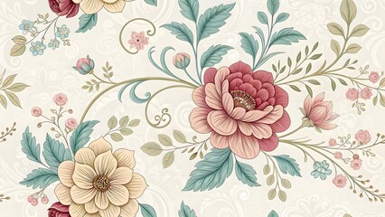 A vintage-style seamless flower pattern with muted tones, symbolizing elegance and timeless beauty in a classic design