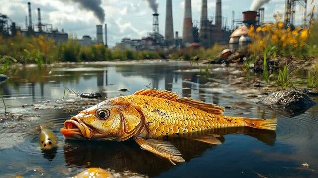 Pollution's Grim Toll: A stark image of environmental disaster, depicting lifeless fish in polluted water against the backdrop of an industrial landscape.
