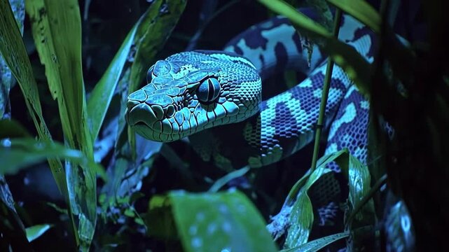 Close encounter with a green tree python resting among lush foliage at night in a tropical rainforest