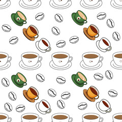 Coffee, tea seamless pattern. Coffee, tea illustration. Coffee, tea background. Perfect for fabric, textile, wallpaper, decor, illustration, print, packaging of products