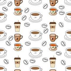 Coffee, tea seamless pattern. Coffee, tea illustration. Coffee, tea background. Perfect for fabric, textile, wallpaper, decor, illustration, print, packaging of products