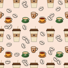 Coffee, tea seamless pattern. Coffee, tea illustration. Coffee, tea background. Perfect for fabric, textile, wallpaper, decor, illustration, print, packaging of products