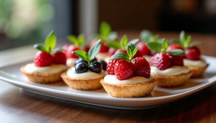 Mini berry tarts with vanilla cream and mint leaves