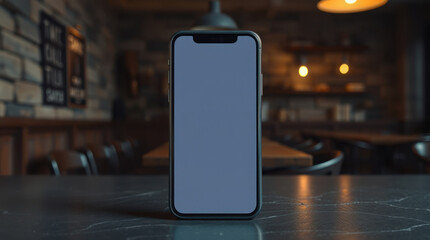 Smartphone with blank screen on café table in cozy rustic interior