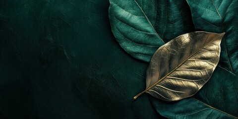 A high-end branding concept with minimalist gold typography on an emerald leaf background
