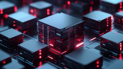 High-speed AI neural network concept with abstract 3D rendering of digital storage grids and deep learning.