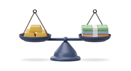 Gold Bullion Versus Paper Currency on Balancing Scales Illustration