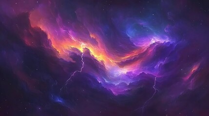 Vivid cosmic clouds illuminated with bright glowing orange and purple colors