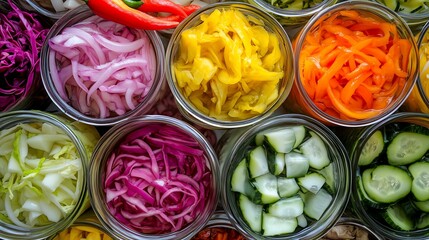 Fermented Foods, Colorful jars of fresh, pickled vegetables ready to enhance any dish with vibrant flavors and health benefits.