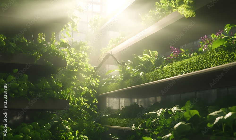 Poster lush greenery illuminated by soft light in a modern indoor garden setting.
