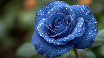 Close-up of a vibrant, deep blue rose, covered in dew drops