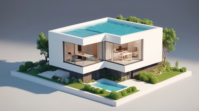 A small modern minimalist house isometric perspective,&nbsp;3D model miniature