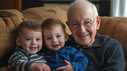 Obraz premium A joyful grandfather sitting on a couch with two smiling toddlers, showcasing family bonding in a cozy living room