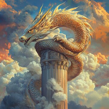 dragon wrapped around a pillar with clouds in the background