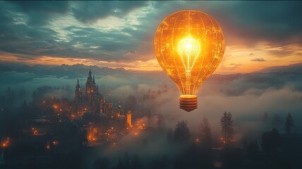 A Magical Scene of a Bright Floating Light Bulb Against a Mystical Landscape with Fog and Mountains, Illuminating an Enchanted Castle at Dusk