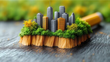 Conceptual image of a miniature cityscape created atop a paintbrush, symbolizing urban development and creativity alongside nature in a vibrant green landscape.